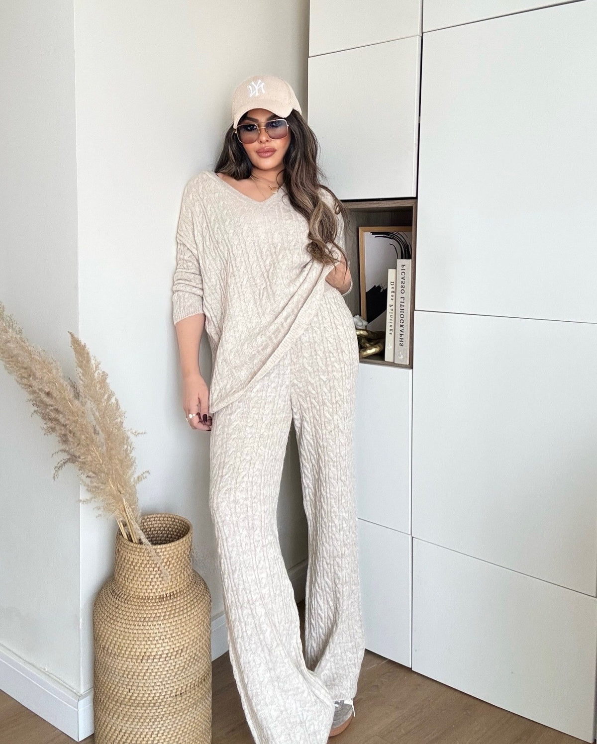 Ensemble en Maille Torsadée Beige – Pull Oversize et Pantalon Large