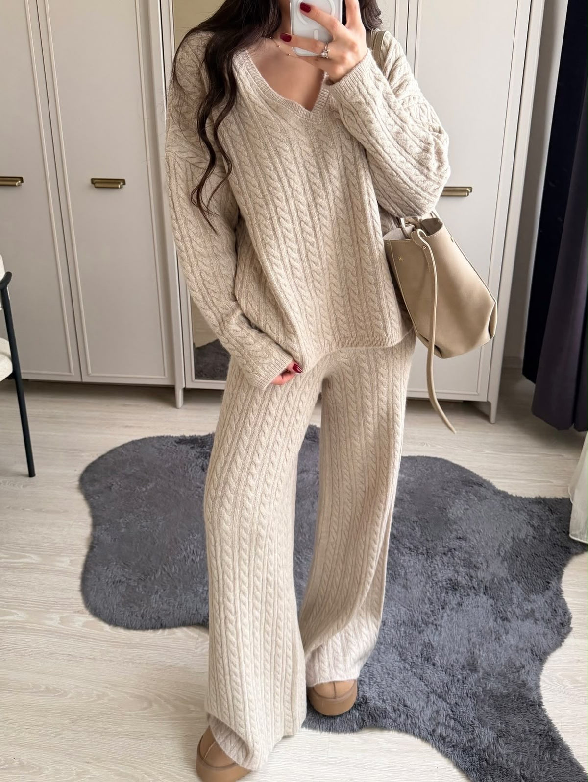 Ensemble en Maille Torsadée Beige – Pull Oversize et Pantalon Large
